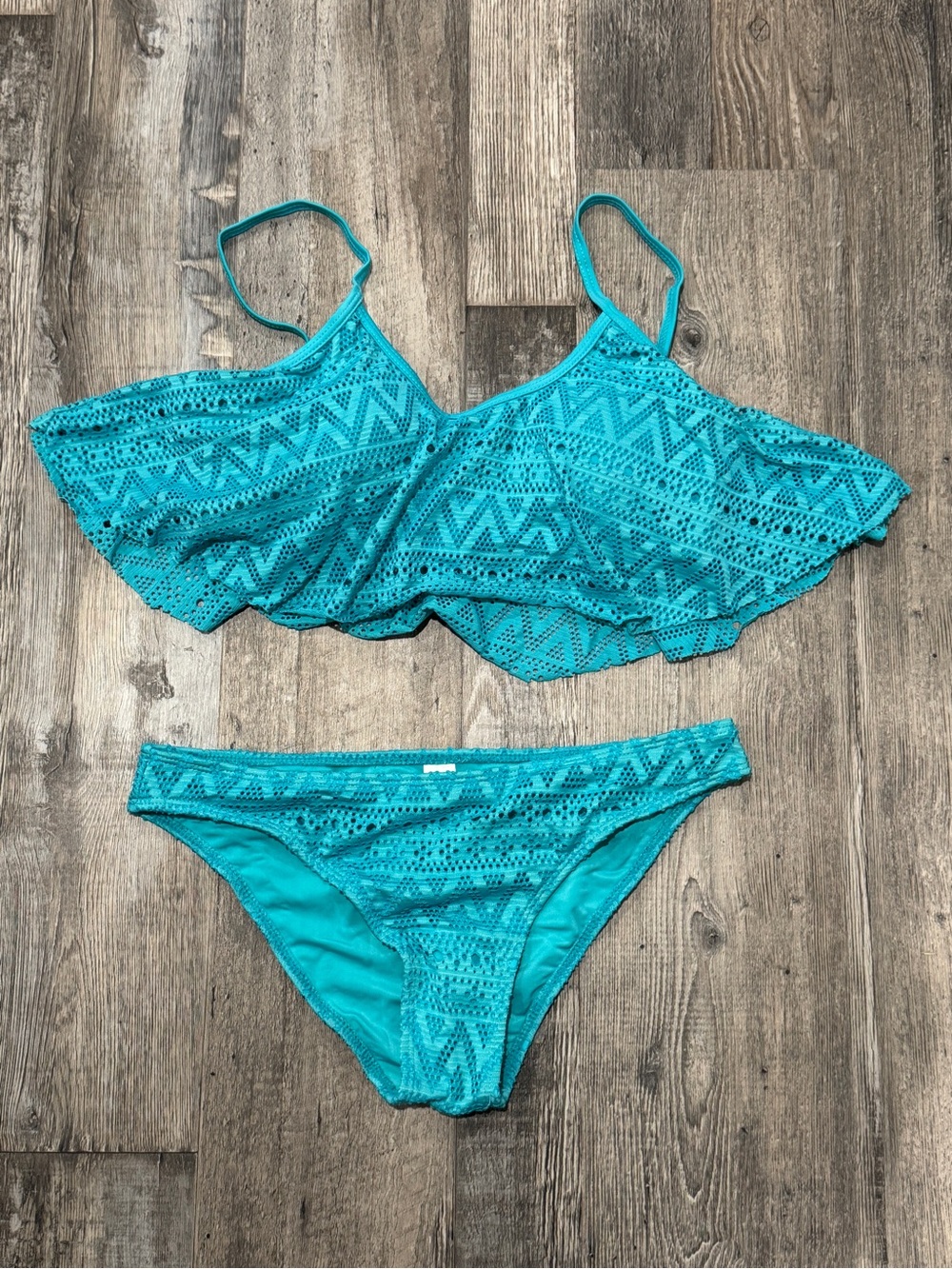 Flirty Teal Crochet Flounce Bikini Set - Women Swim